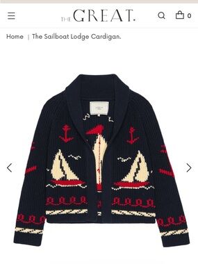 THE GREAT. Sailboat Knit Cardigan - Navy, Cream & Red